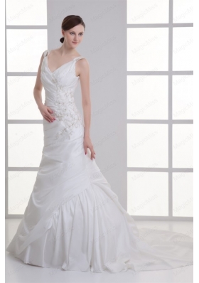 Luxurious Mermaid V-Neck Court Train Taffeta Embroidery Zipper Up Wedding Dress