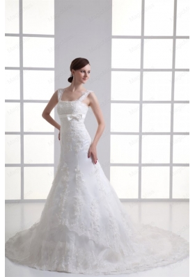 Column Straps Appliques Lace Wedding Dress with Chapel Train