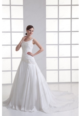 Luxurious A Line Scoop Chapel Train Wedding Dress with Appliques