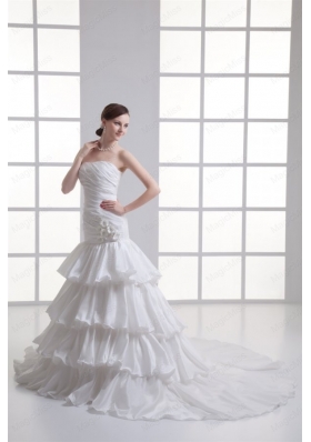 Mermaid Strapless Ruffled Layers Appliques Chapel Train Wedding Dress