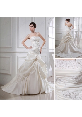 Puffy Strapless Appliques and Pick Ups Wedding Dress with Court Train