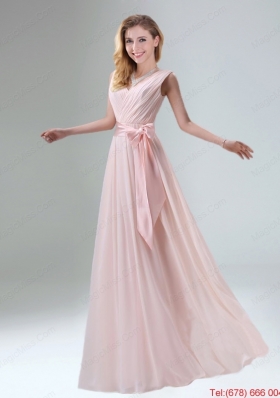 Fashionable Belt Ruching Chiffon Dama Dress with Bowknot