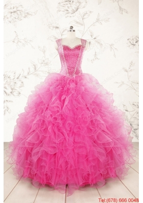 2015 Pretty Straps Hot Pink Quinceanera Dresses with Beading