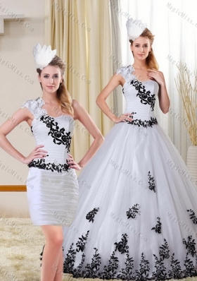 2015 One Shoulder Sweetheart White and Black Quinceanera Dress with Appliques