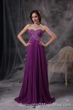 Purple Empire Sweetheart Brush Train Chiffon Beading Prom Dress