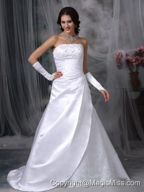 Beauty A-line Strapless Court Train Satin Embroidery Wedding Dress