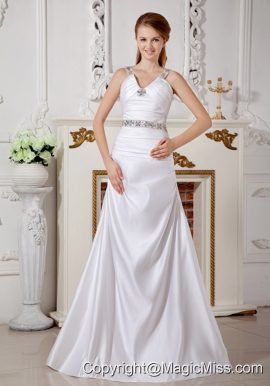 Exclusive A-line V-neck Brush Train Satin Beading Wedding Dress