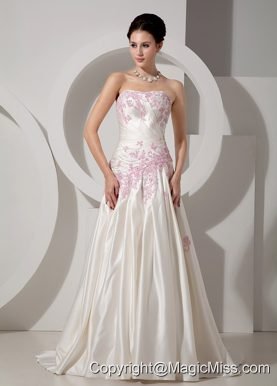 Classical A-line Strapless Court Train Satin Appliques Wedding Dress