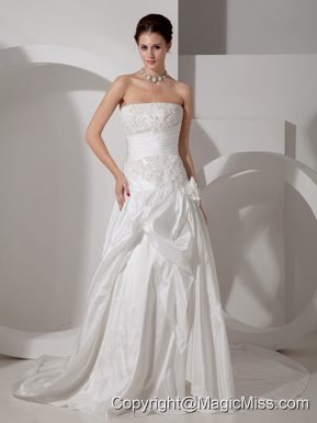 Unique A-line Strapless Court Train Taffeta Appliques Wedding Dress