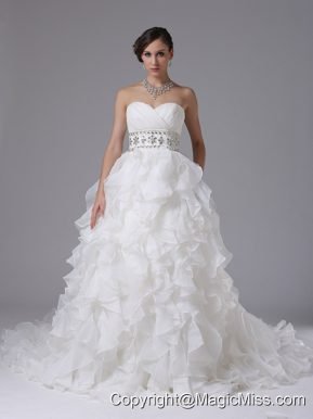 Gorgeous Wedding Dress Ruched Bodice Beaded Decorate Waist and Ruffled Layers In Arnold California