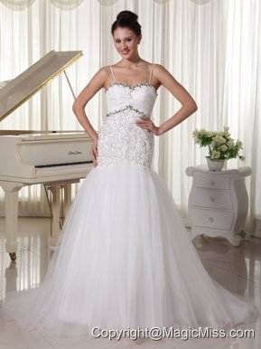 Spaghetti Straps Taffeta and Tulle A-line Wedding Dress With Beaded Decorate Up Bodice Court Train