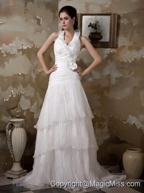 Pretty A-line Halter Court Train Taffeta and Organza Hand Made Flower Wedding Dress