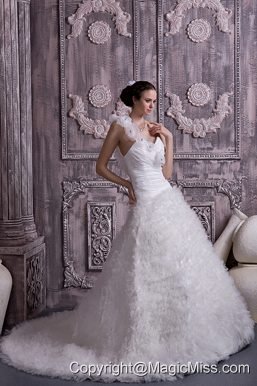 Customize A-line / Princess One Shoulder Court Train Tulle Beading Wedding Dress