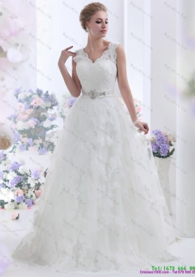 Unique Brush Train White Wedding Dresses with Lace and Beading