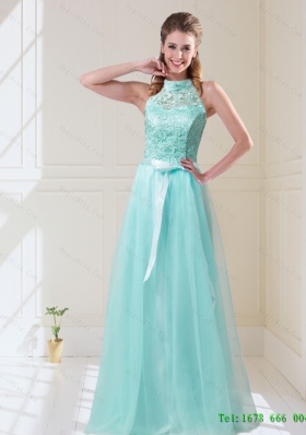 Elegant Empire Halter Top Laced Mint Dama Dresses with Sash