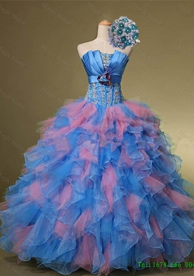 2015 Real Sample Strapless Quinceanera Dresses with Hand Made Flowers and Beading