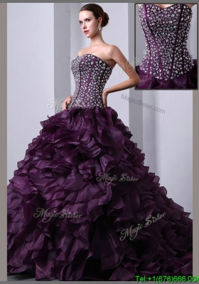 2016 Beautiful A Line Brush Train Beading and Ruffles Quinceanea Dresses