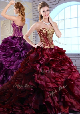 Best Brush Train Ruffles and Appliques Sweet Fifteen Dresses Gowns in Wine Red