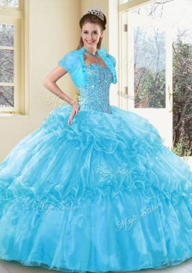 New Style Ball Gown Aqua Blue Sweet 16 Gowns with Beading and Ruffled Layers