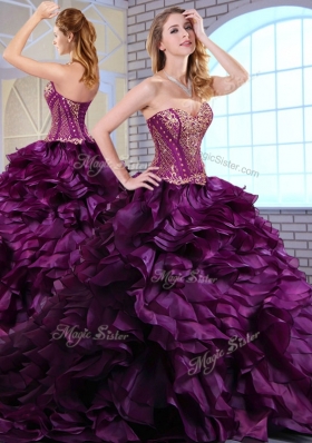 Wonderful Brush Train Dark Purple Sweet 16 Dresses with Ruffles and Appliques