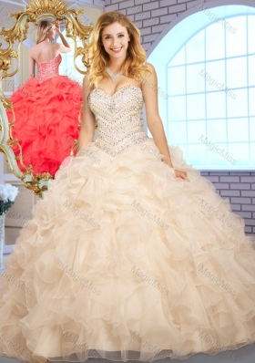 Beautiful Ball Gown Champagne Sweet 16 Dresses with Beading and Ruffles