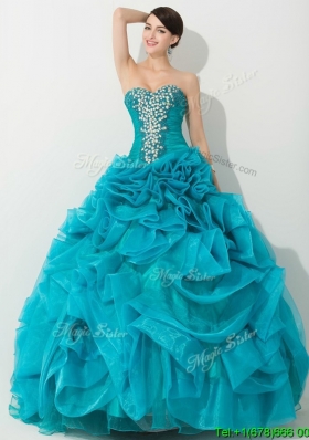 Princess Teal Sweet 16 Dress with Beading and Rolling Flowers