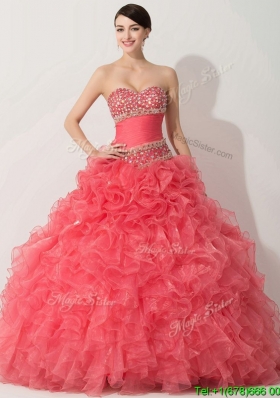 Princess Coral Red Sweet 16 Dress with Beading and Ruffles