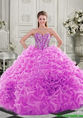 Cheap Visible Boning Beaded Bodice Fuchsia Sweet Fifteen Dresses with Ruffles