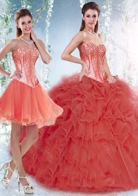 Beautifu Coral Red Detachable Sweet Fifteen Dresses with Beading and Ruffles