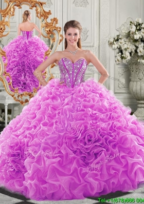 Lovely Puffy Skirt Beaded Bodice and Ruffled Sweet Sixteen Dress in Fuchsia