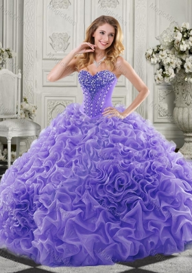 Wonderful Chapel Train Beaded and Ruffled Unique Quinceanera Gown in Lavender