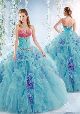 Wonderful Aqua Blue Detachable Quinceanera Dresses with Ruffles and Beading