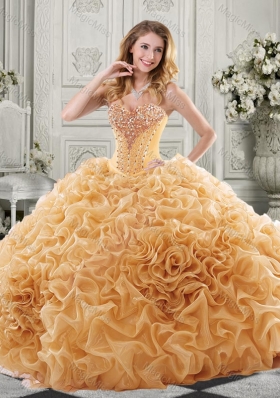 Discount Beaded Bodice and Ruffled Quinceanera Dress with Chapel Train