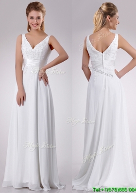 Most Popular Empire V Neck Chiffon Beaded Wedding Dress with Sweep Train