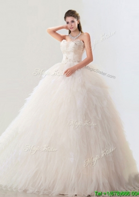 Fashionable Deep V Neckline Wedding Dresses with Beading and Ruffles