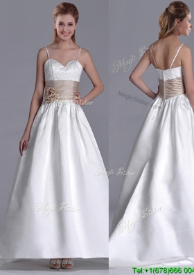 Perfect Spaghetti Straps Brush Train Wedding Dress with Belt and Handmade Flowers