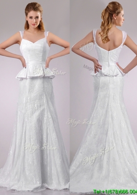 Fashionable Column V Neck Court Train Bridal Dress in Lace