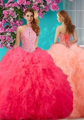 Romantic Beading and Ruffles Halter Top Quinceanera Dress with Puffy Skirt