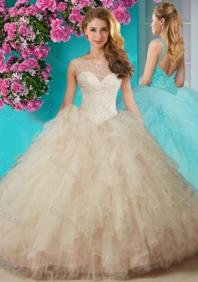 Elegant Beaded and Ruffled Quinceanera Dress with See Through Scoop