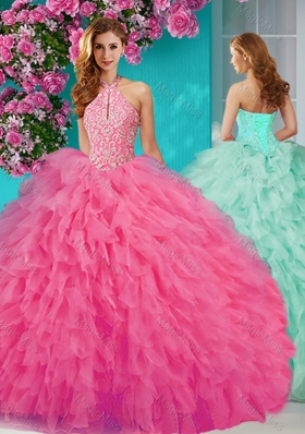 Popular Halter Top Tulle Rose Pink Quinceanera Dress with Beading and Ruffles