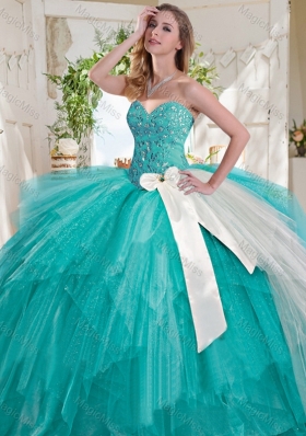 Wonderful Turquoise Big Puffy Sweet Sixteen Dress with Beading and White Bowknot