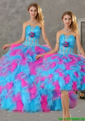 Romantic Hand Made Flowers and Ruffled Big Puffy Detachable Quinceanera Dresses in Blue and Pink