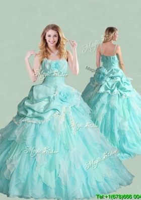 Popular Spaghetti Straps Brush Train Quinceanera Dress with Handcrafted Flowers and Bubbles