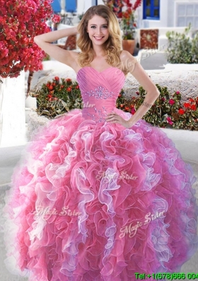 Popular Rose Pink and White Quinceanera Dress with Beading and Ruffles