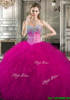 Pretty Beaded and Ruffled Tulle Sweet 16 Dress in Fuchsia