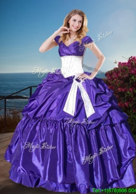 Affordable Off the Shoulder Cap Sleeves Quinceanera Gown with Belt and Pick Ups