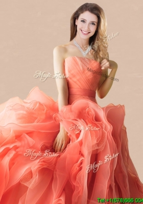 Exclusive Rolling Flowers Orange Red Quinceanera Dress with Brush Train