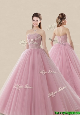 Luxurious Strapless Brush Train Sweet 16 Dress with Lace and Bowknot