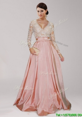 Best Selling Deep V Neckline Long Sleeves Beaded and Belted Prom Dress in Peach