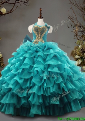 Fashionable Halter Top Teal Quinceanera Dress with Beading and Ruffled Layers